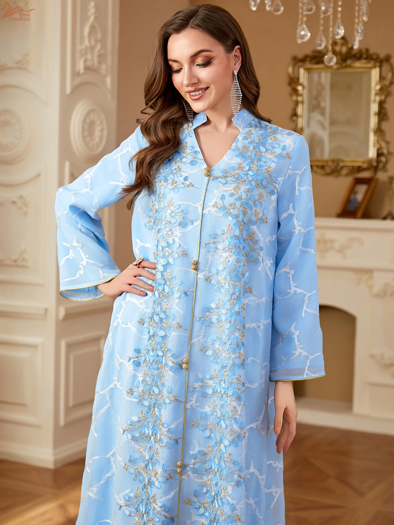 

Zahraa Ramadan Dubai Woman’s Abayas Embroidered Sequin Floral Patter V-Neck Elegant Casual Kebaya Muslim Moroccan Long Dress