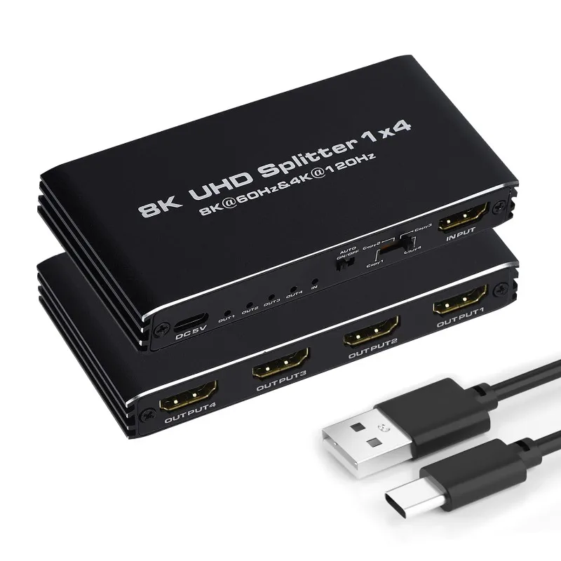 8K HDMI-com Splitter 1 in 4 Out HD 2.1 Video Distributor with EDID Management 48Gbps for 4 Monitors PS5 Xbox Series X Laptop