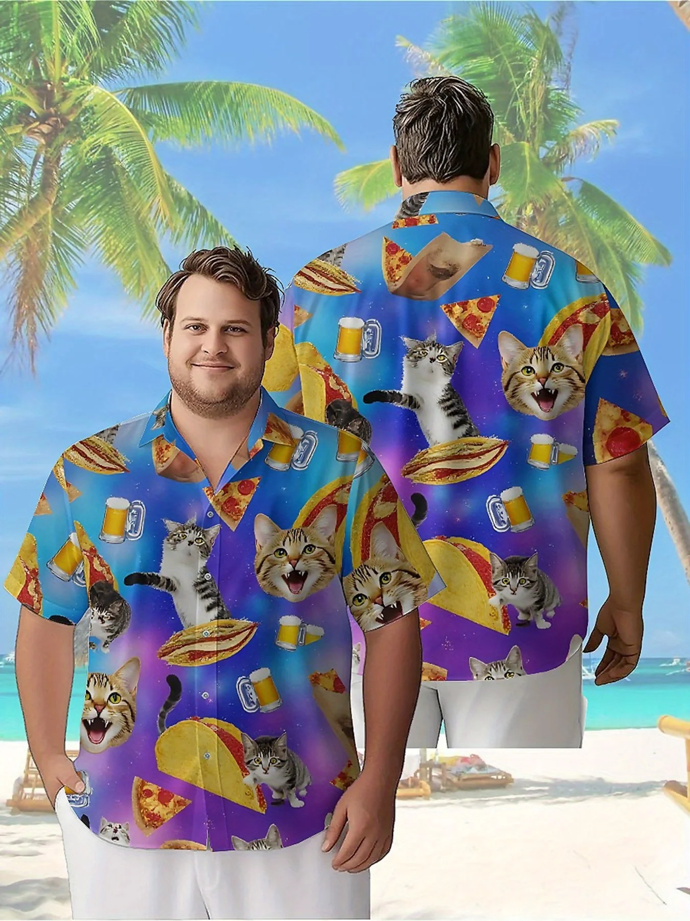 

Men's Plus Size Hawaiian Shirts Starlight Cat Pizza Party Pattern, Unisex Aloha Shirts,New Summer Tops Tee,streetwear