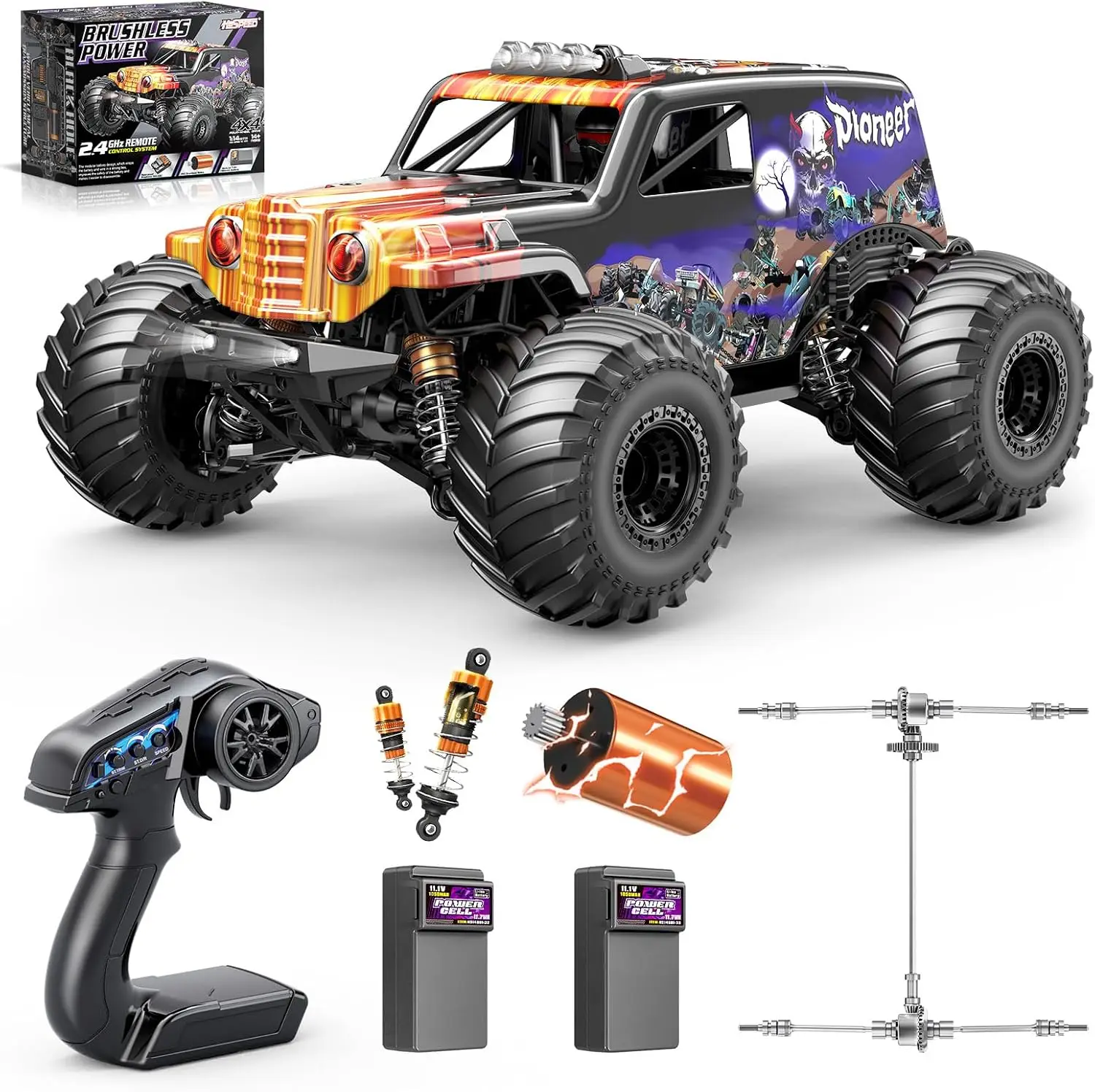 Adults' 1/14 Scale Brushless RC Truck, Electric 4WD High-Speed Off-Road Remote Control Car, Max 42 MPH with Oil Shock Absorbers, Includes Two 3S 1200 mAh LiPo Batteries