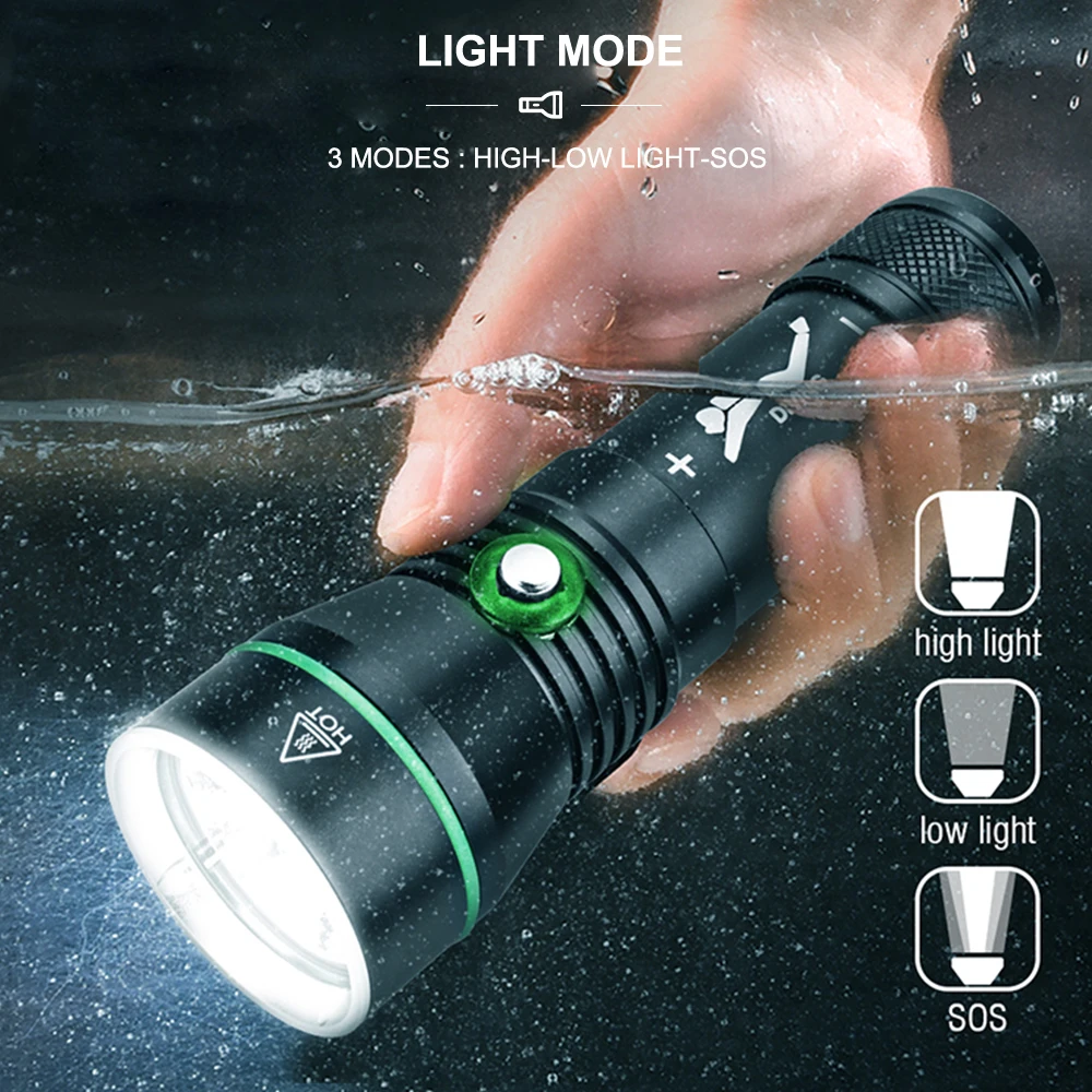 Asafee 110M Deep Diving Flashlight 2000 LM XHP50 LED Scuba Flashlight Press Switch Exploration Torch Dive Torch Hand Lamp