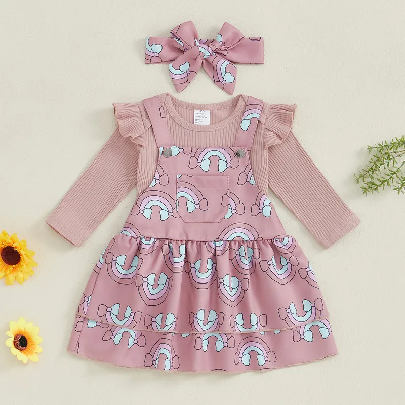 

RUEWEY 0 to 18 Months Baby Girl 3PCS Skirt Sets Spring Autumn Clothes Flying Sleeve Bodysuit Rainbow Suspender Dress Headband