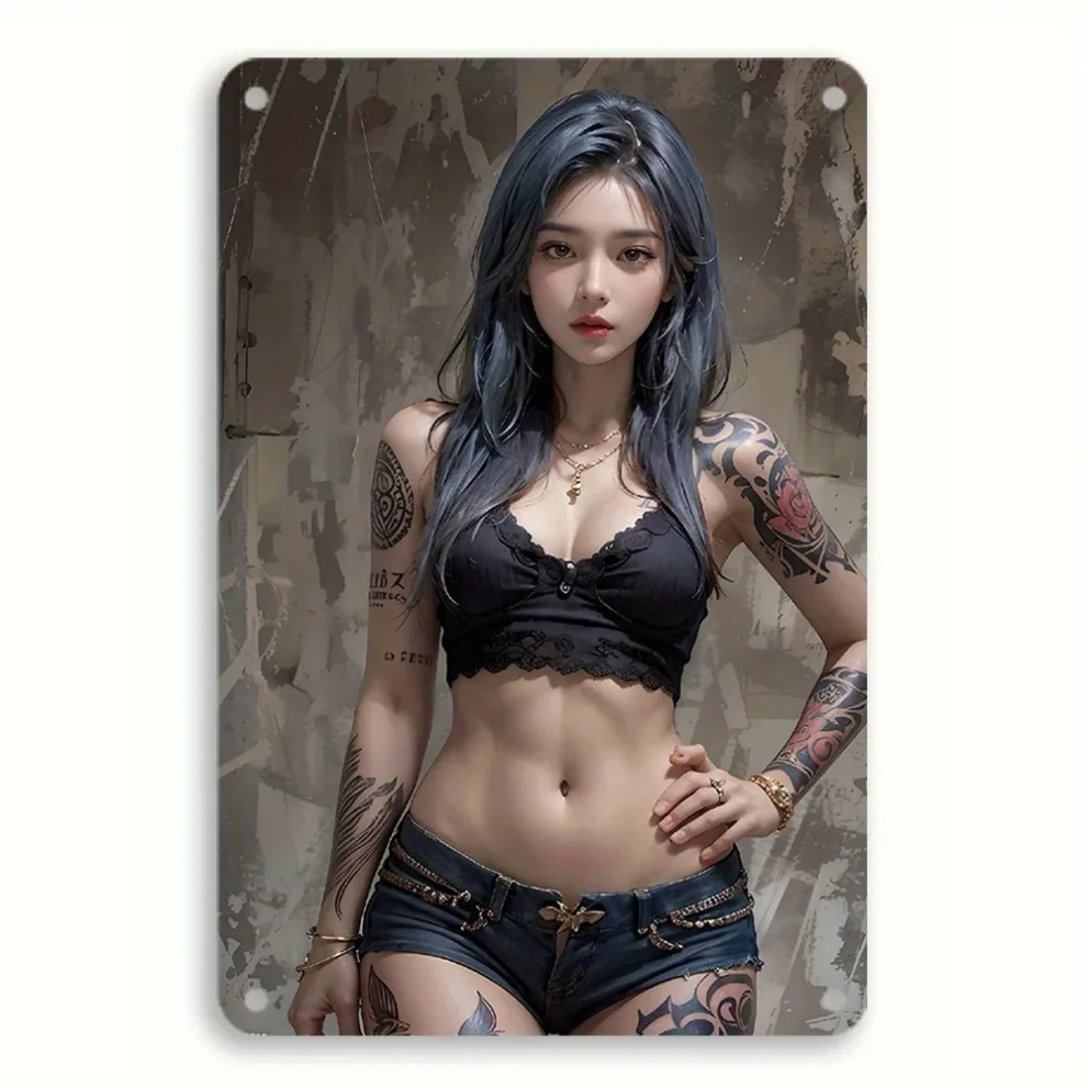Vintage Retro 8x12 Inch Tin Sign, Tattooed Woman Metal Plaque for Home Bar Cafe Bathroom Wall Decor