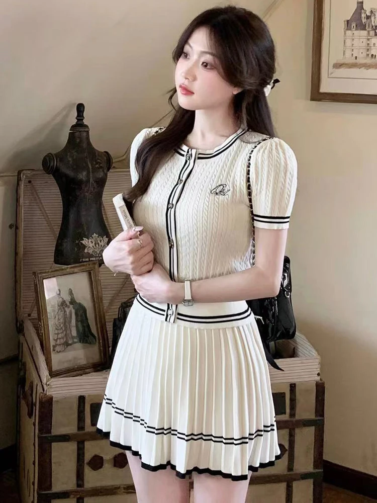 Two Pieces Sets Knitted Outfits Women Short Sleeves Top + Pleated Mini Skirt 2024 Korea Fashion Elegant Summer Casual Sweet Suit