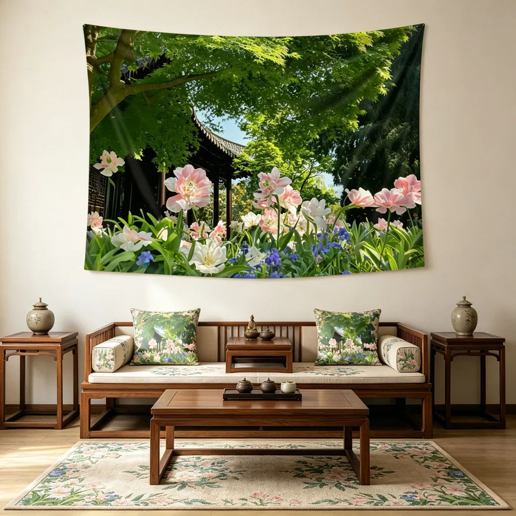 1PC Chinese Garden Pavilion Floral Print Backdrop Banner, Bedroom Living Room Photo Background, Polyester, Home Decor, Wall Art