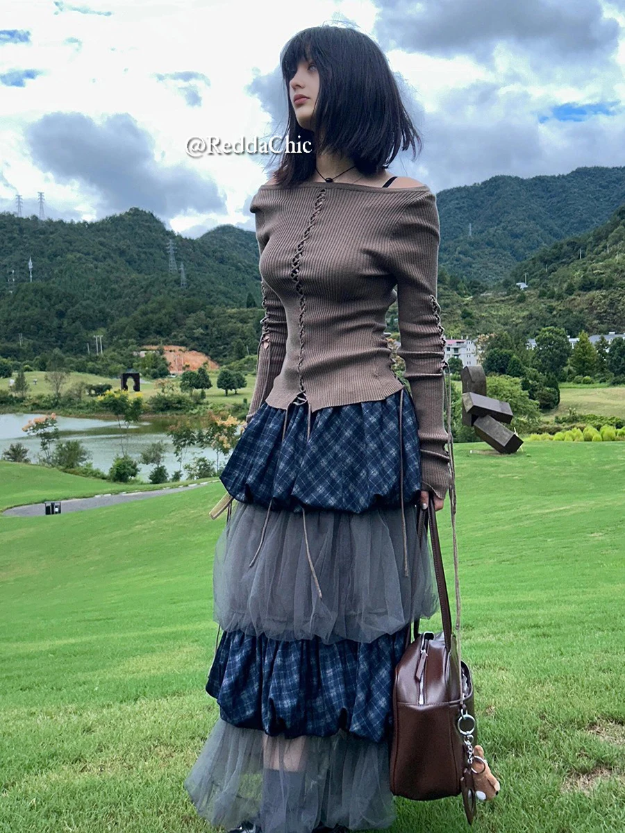 REDDACHiC Checkered Tulle Layered Cake Skirt Women Plaid Puffy Ruffle Elastic Waist Long Bubble Skirt Holiday Vintage Clothes