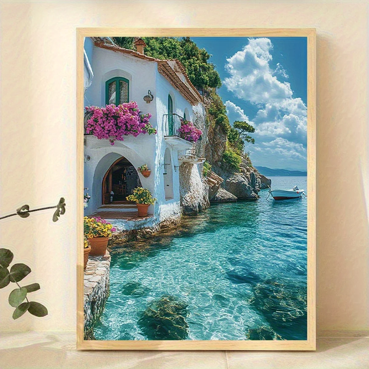 Frameless Canvas Wall Art Print - Coastal Landscape, Turquoise Sea, White Buildings, And Vibrant Red Flowers - Suitable for Livi