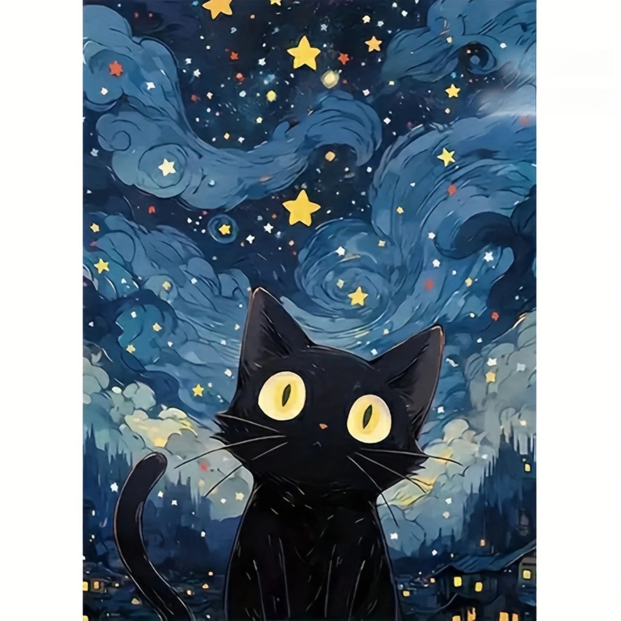 5D Night Sky Diamond Painting Kit - Starry Black Cat with Yellow Eyes, Rotating Clouds and Stars, DIY Round Acrylic Diamonds