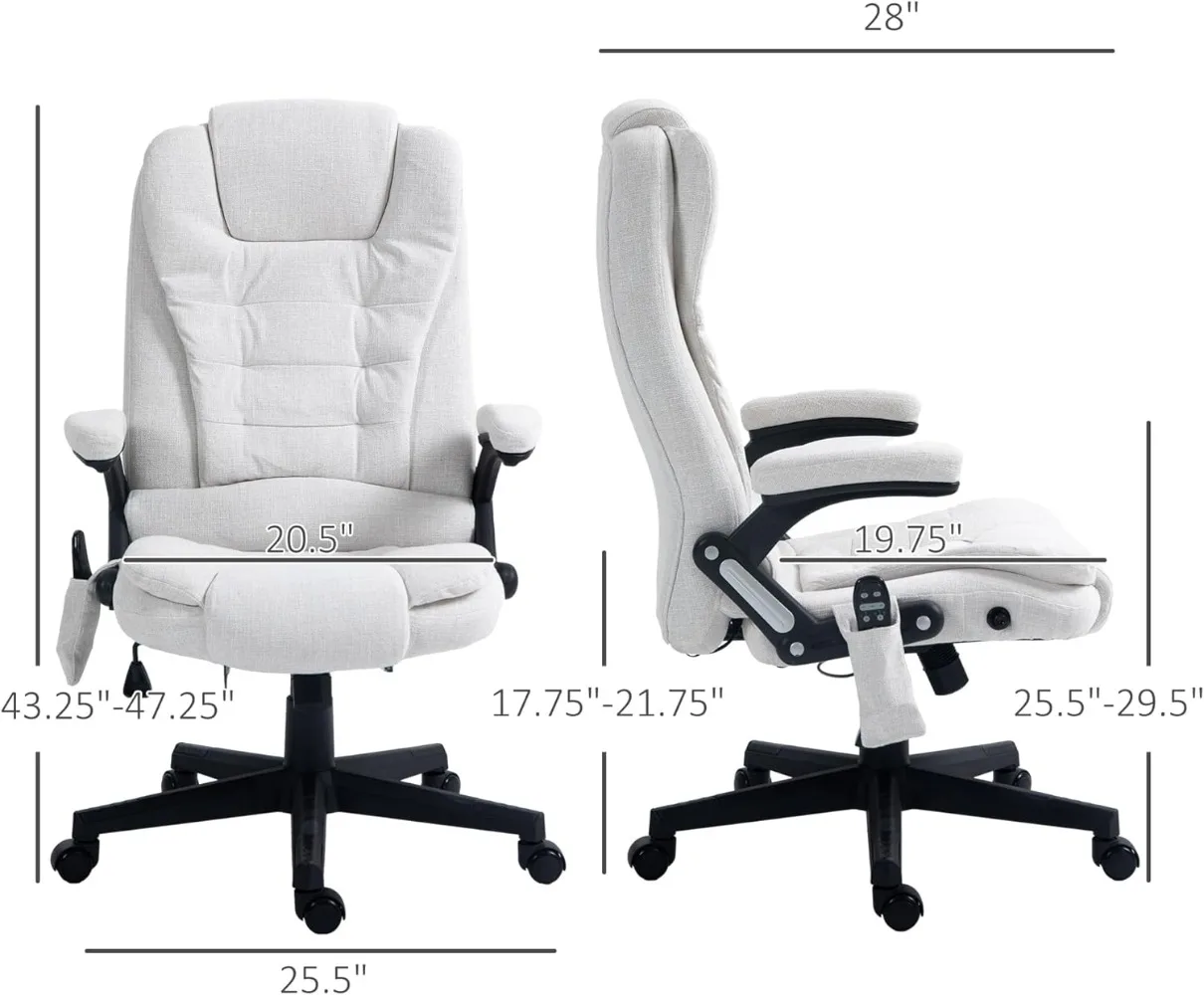 6 Point Vibrating Massage Office Chair with Heat, Linen High Back Executive Office Chair with Reclining Backrest