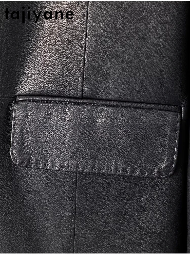 TAJIYANE Jacken aus echtem Ziegenleder, stilvolle Mäntel mit V-Ausschnitt, mittellange Jacke aus echtem Leder, Damenjacke, 2025, Herbst-Damenkleidung, 12.71