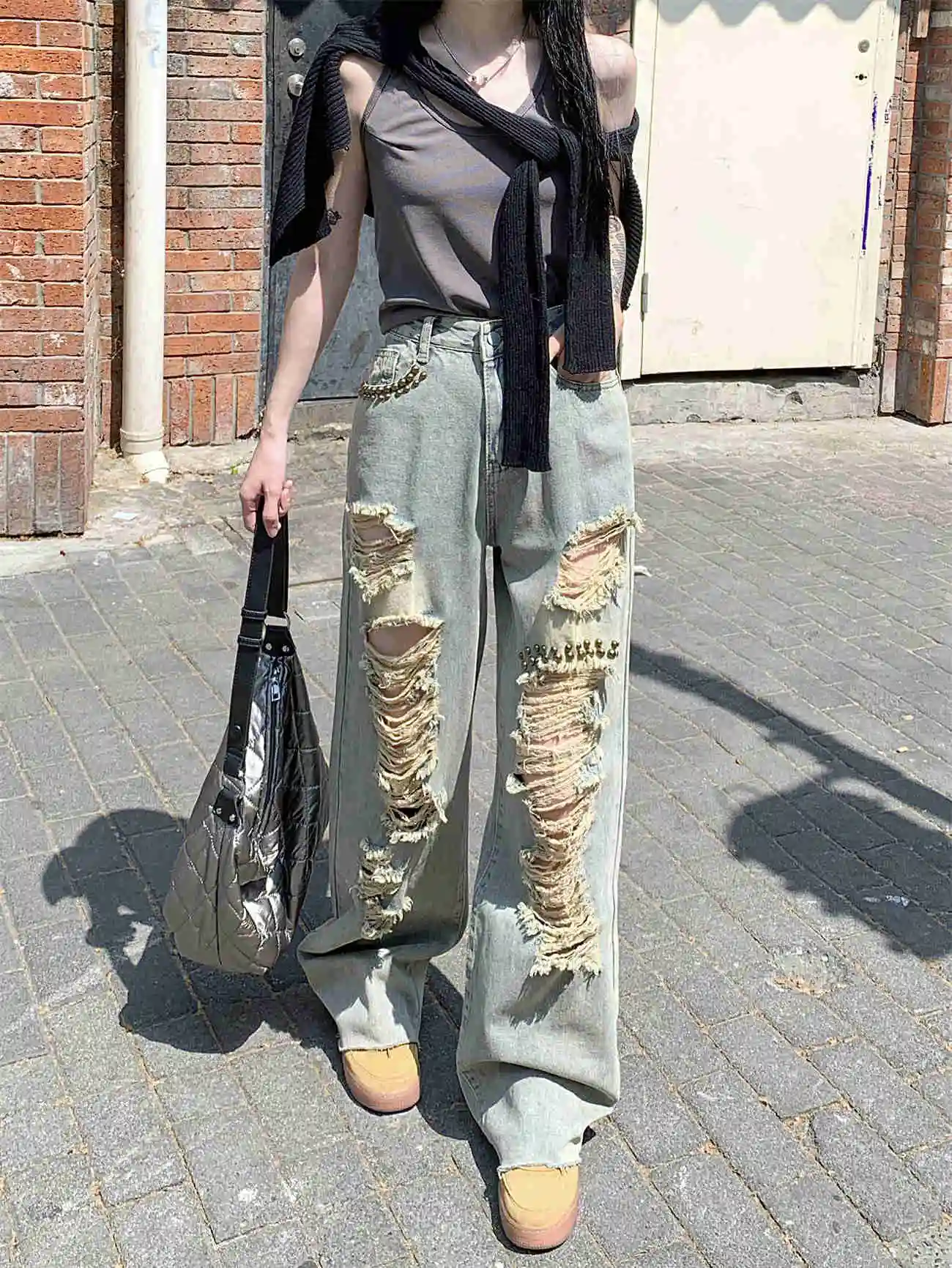 Design Hole Jeans For Women's Summer High Waisted Mop Pants, Loose Draped Wide Leg Straight Leg Pants Hip Hop Trousers