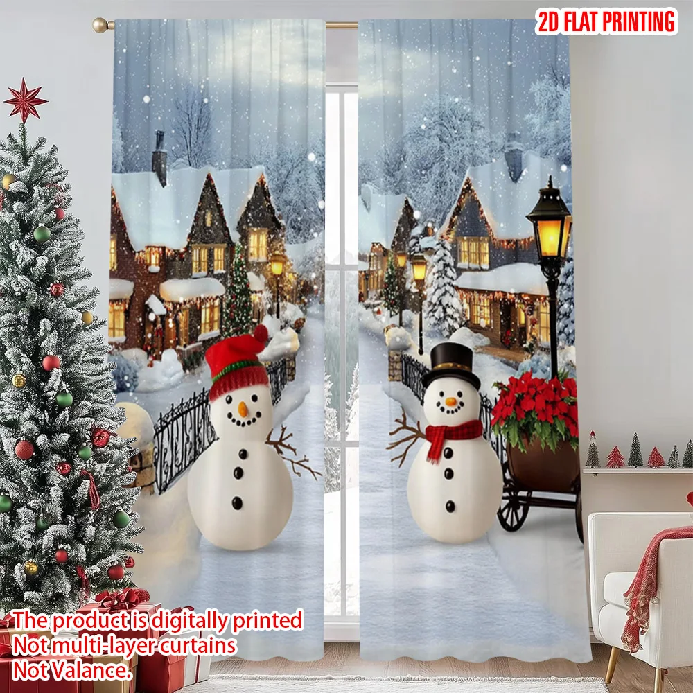 

2pcs 2D flat printing Merry Christmas Popular Curtains Winter Town Snowman Scene Versatile 100% Polyester Without Electricity