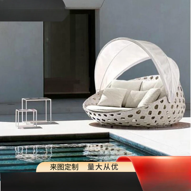 2Bird cage large lying bed, rattan woven beach bed, waterproof and sun proof PE imitation rattan sofa, outdoor leisure swimming