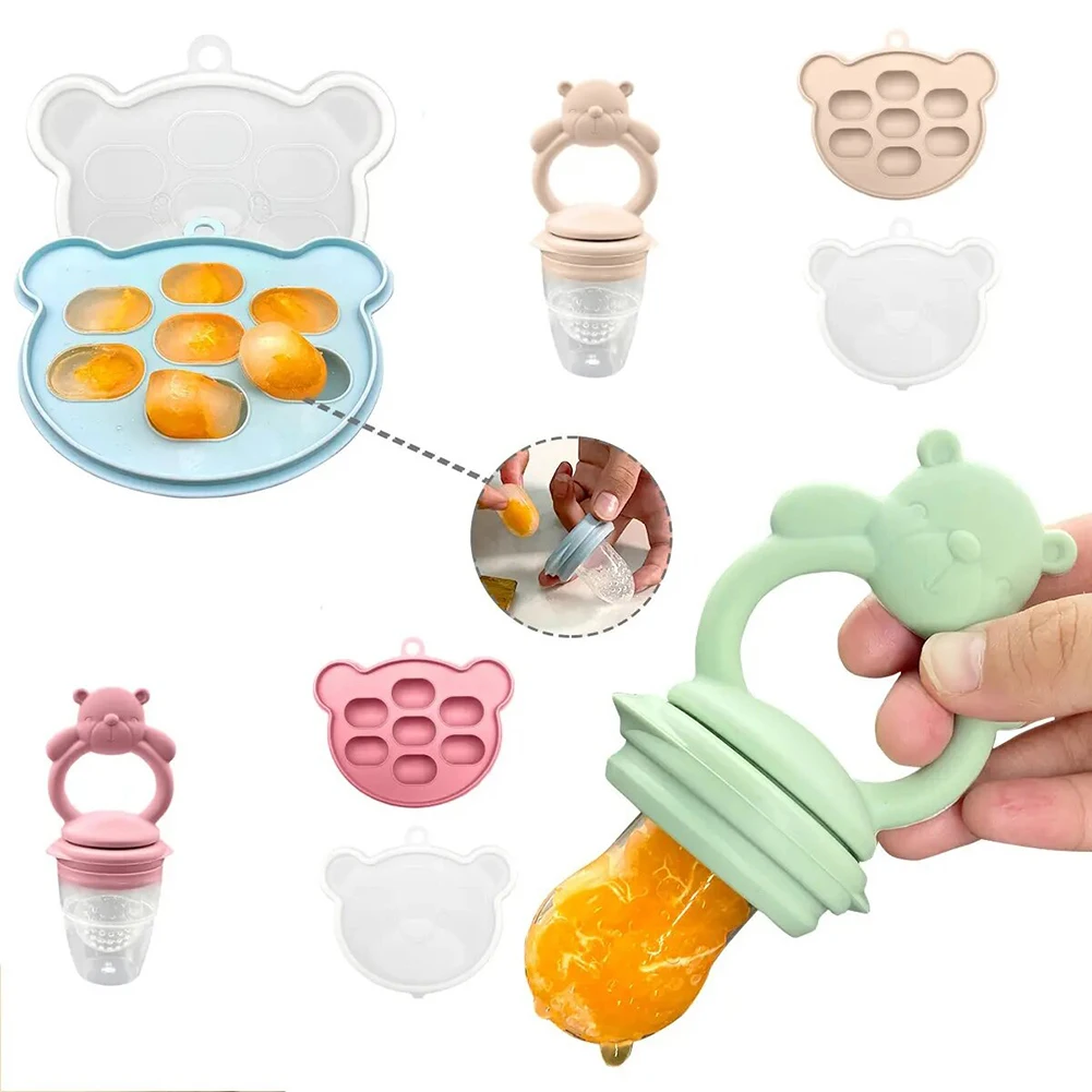 Cute Baby Fruit Food Feeder Mini Nibble Tray with Lid Breastmilk Popsicle Molds Silicone Infant Self Feeding Food Pacifier
