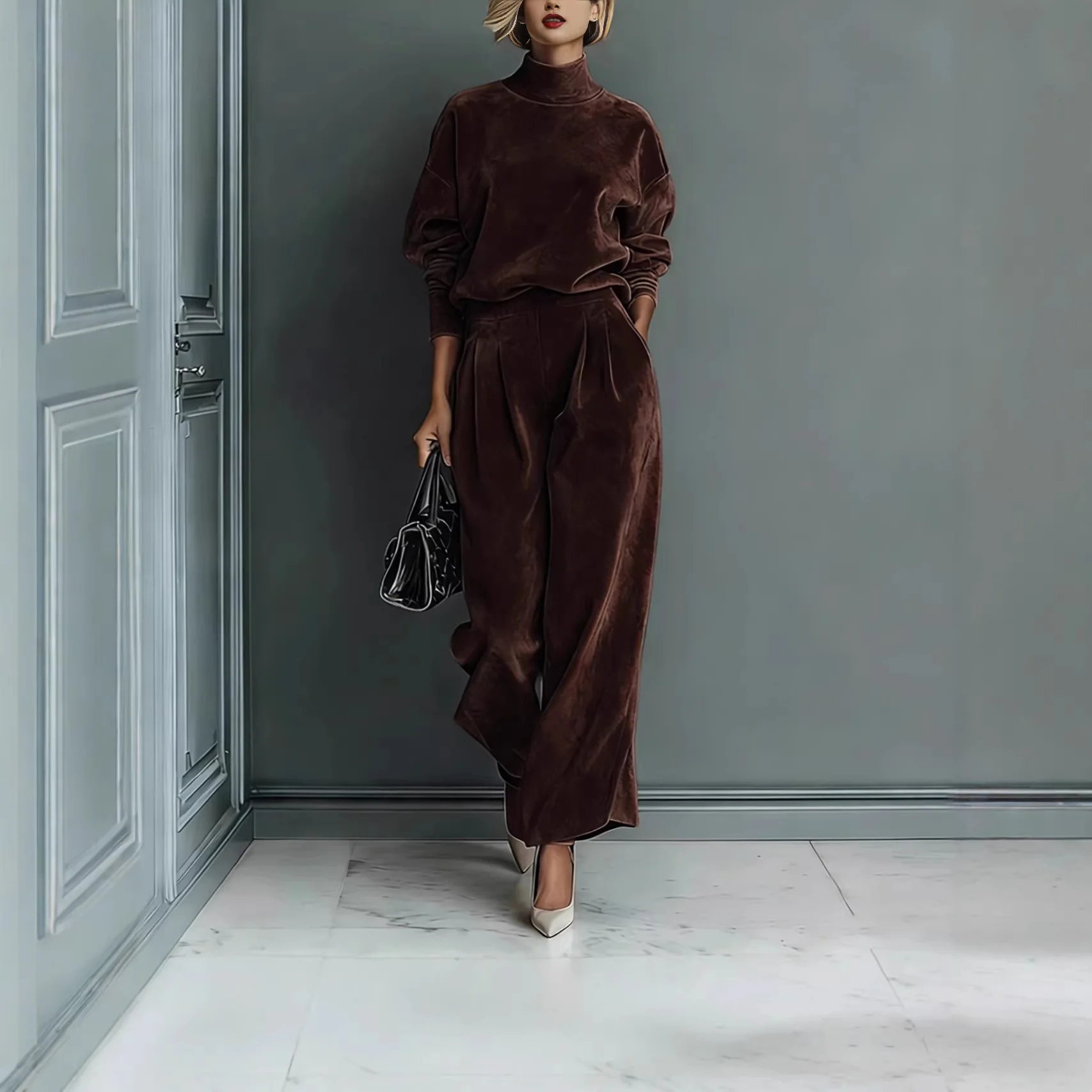 

Комплект из 2 предметов: однотонный топ с высоким воротником и повседневные брюки, женские осенние брюки с широкими штанинами, стильные наряды, элегантные лаконичные женские костюмы с элементами пэчворка