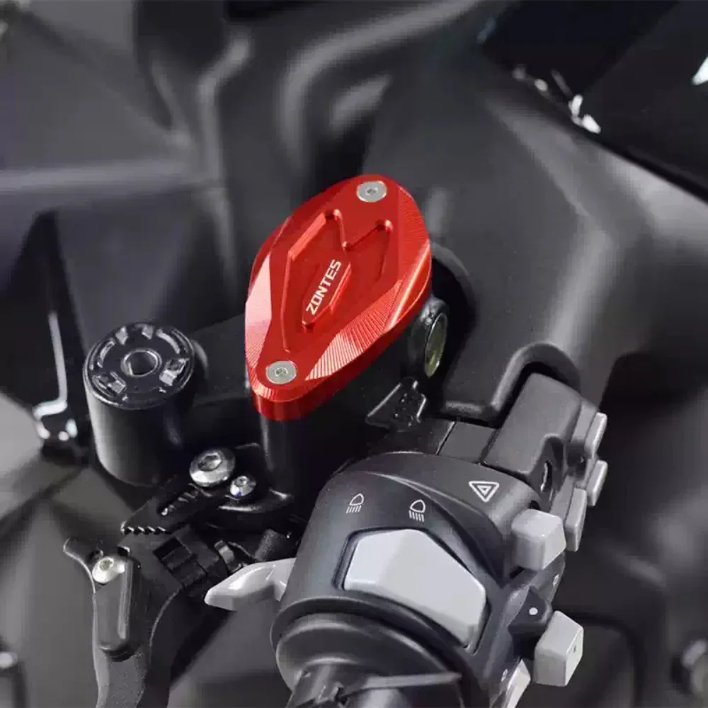 Brake pump cover, brake fluid reservoir cap, and fluid cup cap for ZONTES 150D/M and 350D/M/E scooter modification parts.
