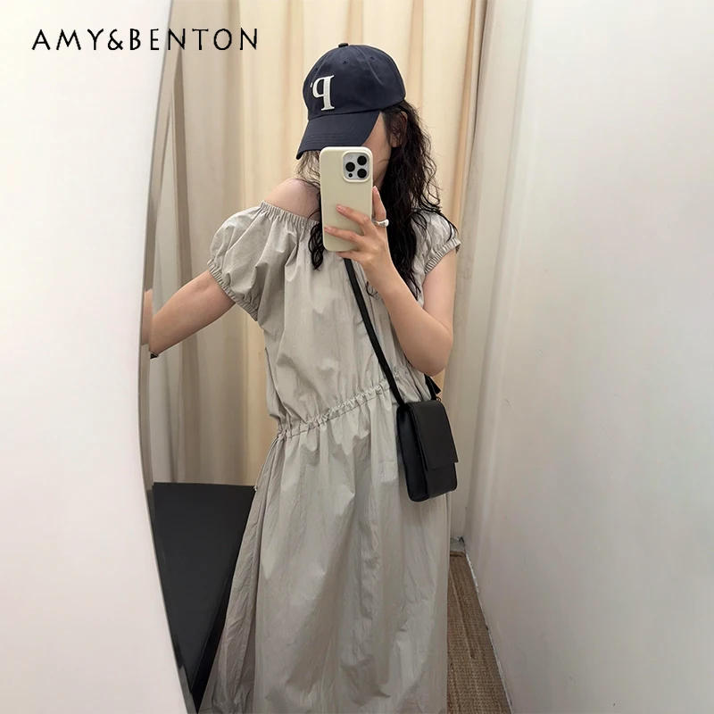 

Summer Korean Style Casual Flutter Sleeve Drawstring Waist Women's Long Dress New Gray Loose Slimming Elegant Dresses Ladies