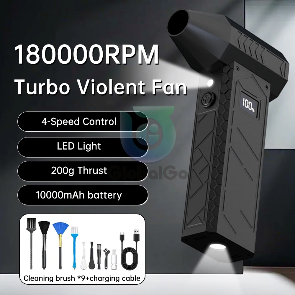 180000RPM Wireless Turbo Jet Blower Battery Level Display LED Lighting High-Speed Air Blower Handheld Turbo Jet Fan Dust Blowing