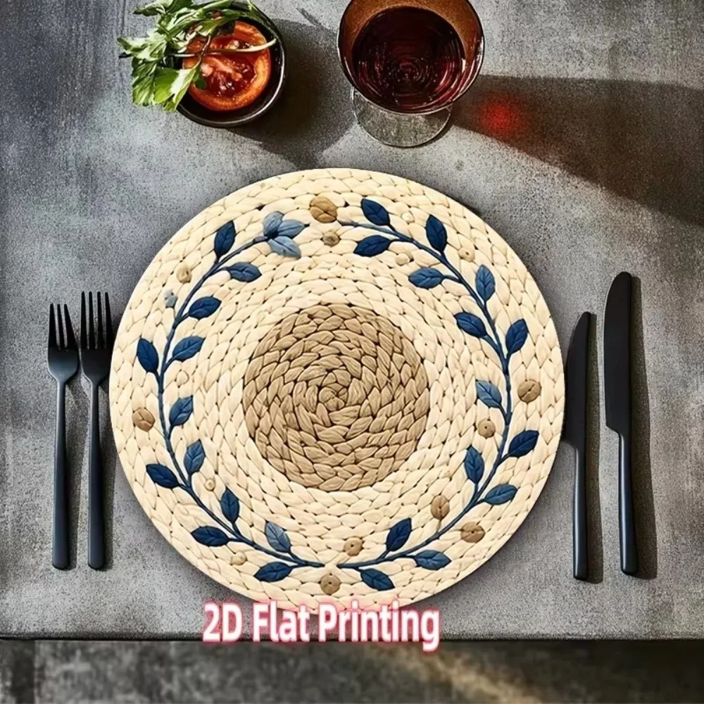 14.96in Printed Placemats Flower Printed Pattern 2D Flat Imitation Rattan Placemats Anti-slip Wipeable Round Table Mats