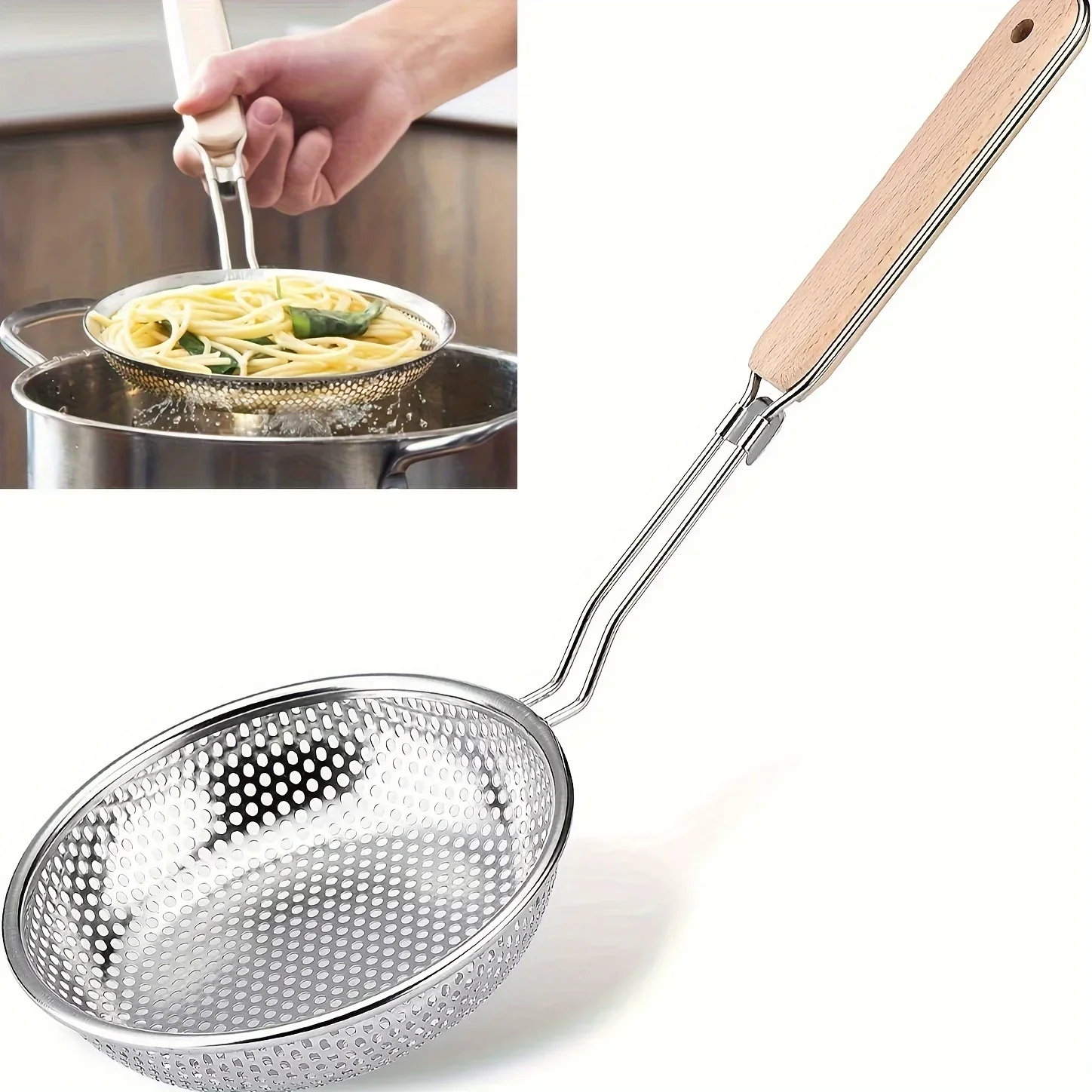 

Stainless Steel Colander with Wooden Handle - Fine Mesh Skimmer Spoon Cooking, Food Prep Grease Filtering Pasta Noodles
