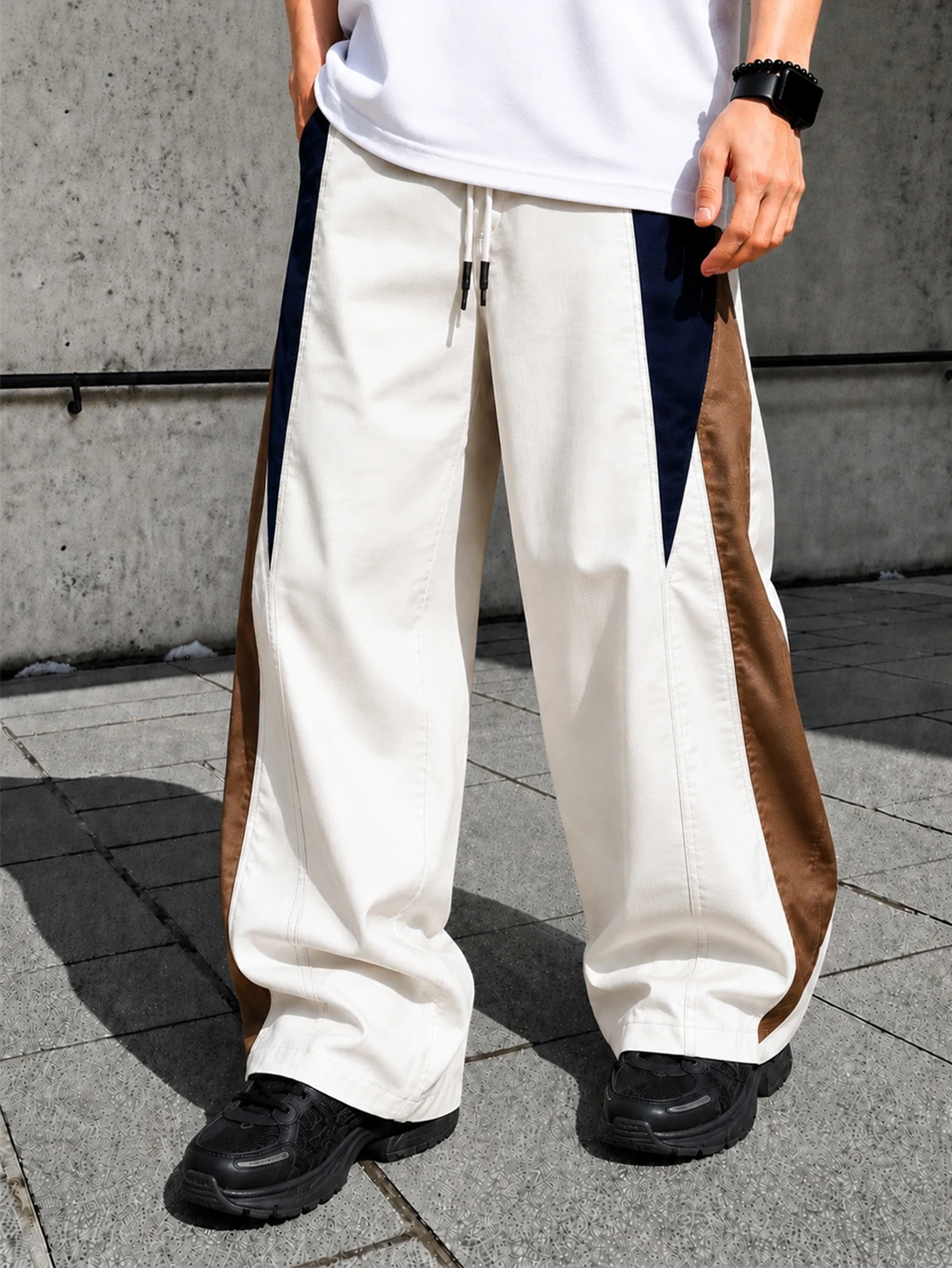 Men's Street Style Jogger Pants - splicing design, Pockets And Drawstring Waist, Contrast Color Casual Sweatpants，Stylish patchw