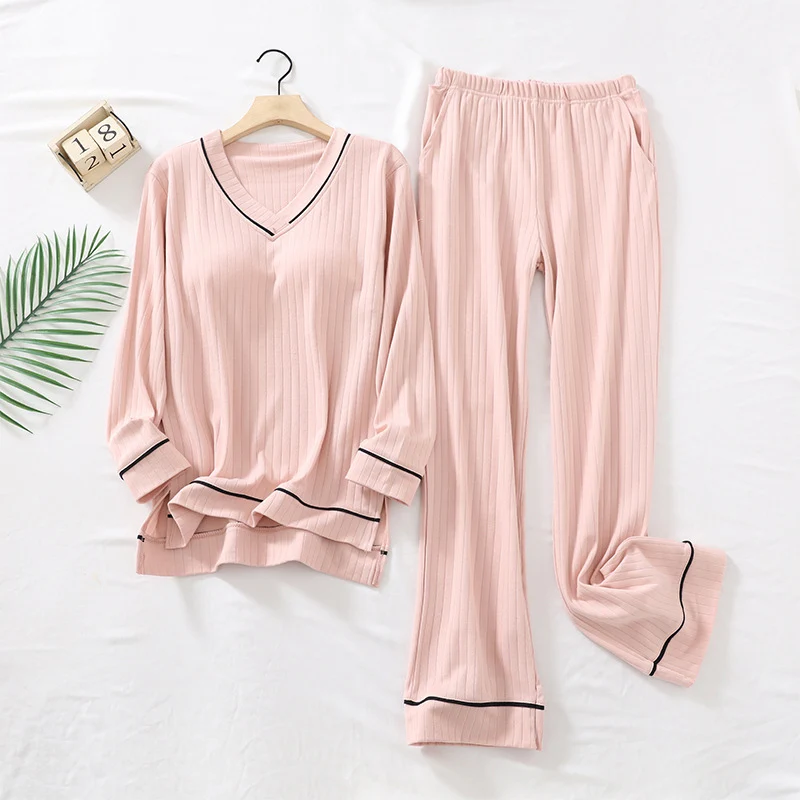 Fashion V-Neck Women's Sleepwear Loose Casual Long Sleeved Pants Home Pajama With Chest Pads Oversized Soft Female Night-clothes