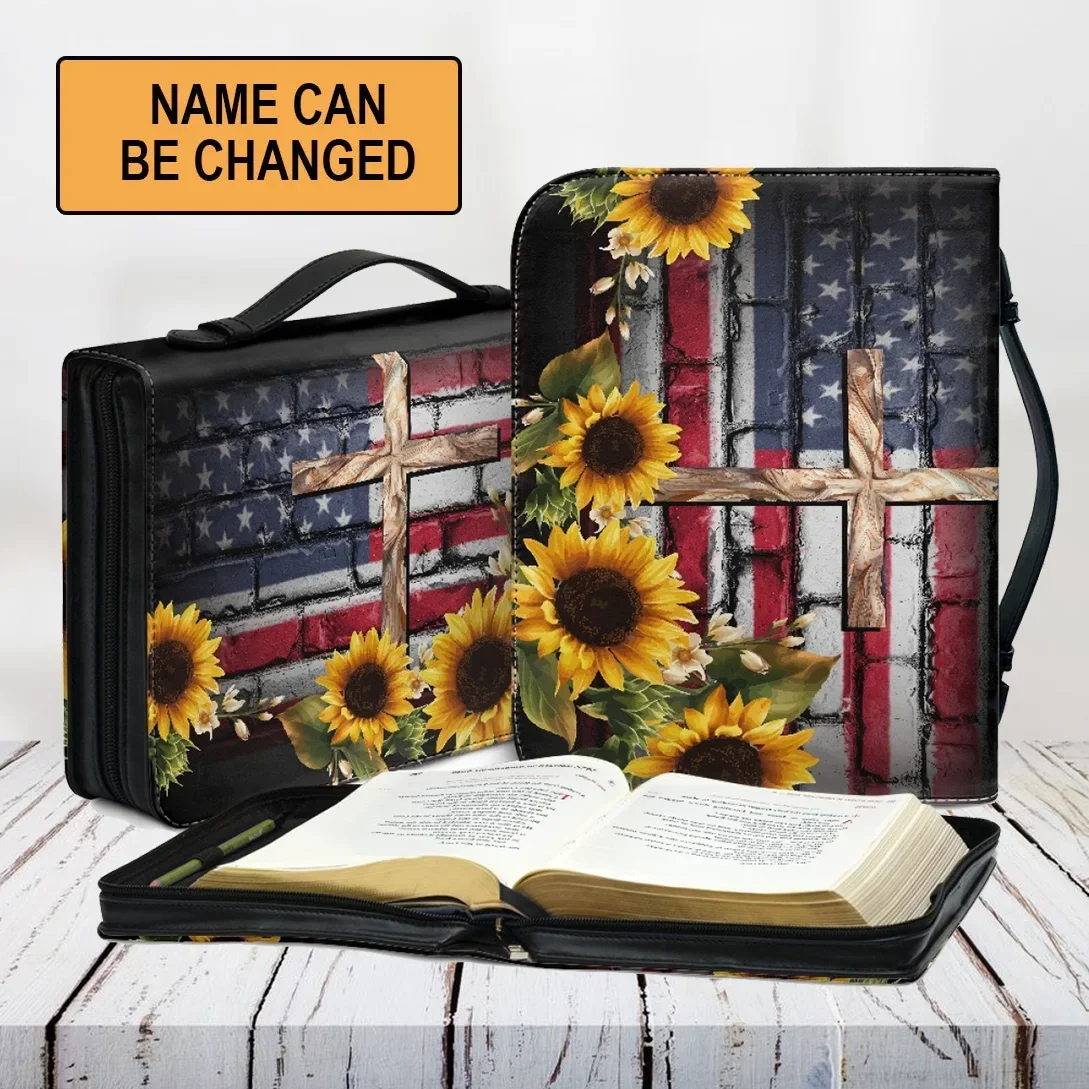 

2024 Women's Bible Storage Bag Retro US Flag Sunflower Cross Print Female PU Leather Holy Study Book Boxes Customized Handbag