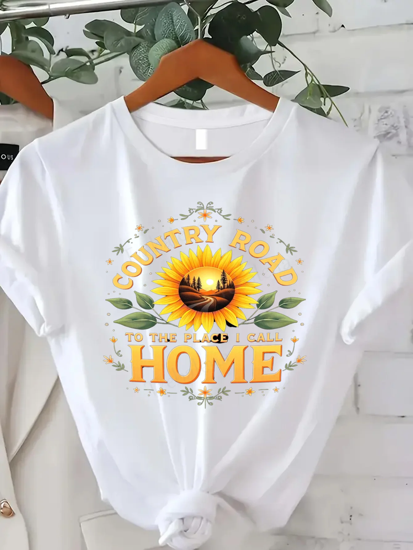 

Comfortable Women's Print T-shirt Country Road Sunflower T-Shirt | Home Sweet Home Farmhouse Style