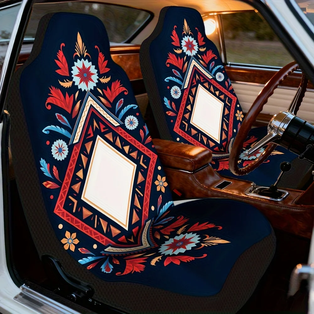 Set Of 2, Featuring An Artistic Tribal Geometric Design For Front Seat Covers, Designed To Fit Universally In Cars, Suvs, And Tr