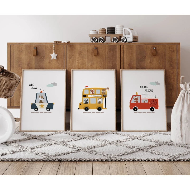 3PCS  Frameless,3pcs Fun Cartoon Animal Posters: Police Car, Bus, and Fire Truck—Frameless Canvas Art for Home and Kids' Room De