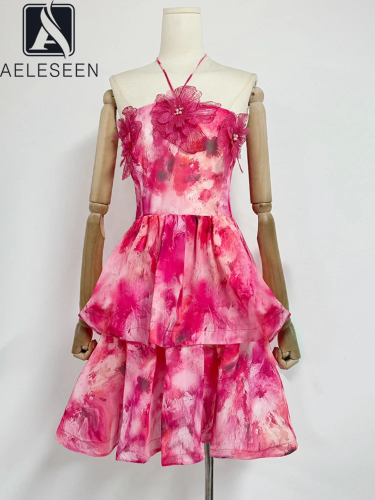 

AELESEEN 2025 Spring Summer Mini Dress Women Lace Beaded Halter Red Flower Printed Layers Ruffles Casual 3D Appliques Casual