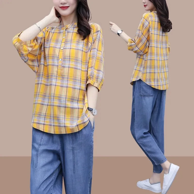 

2023 New Spring Summer Women Sets Plaid Shirt + And Jeans 2PCS Fashion Loose Casual Female Outfit Denim Pants Suit Ladies 4XL