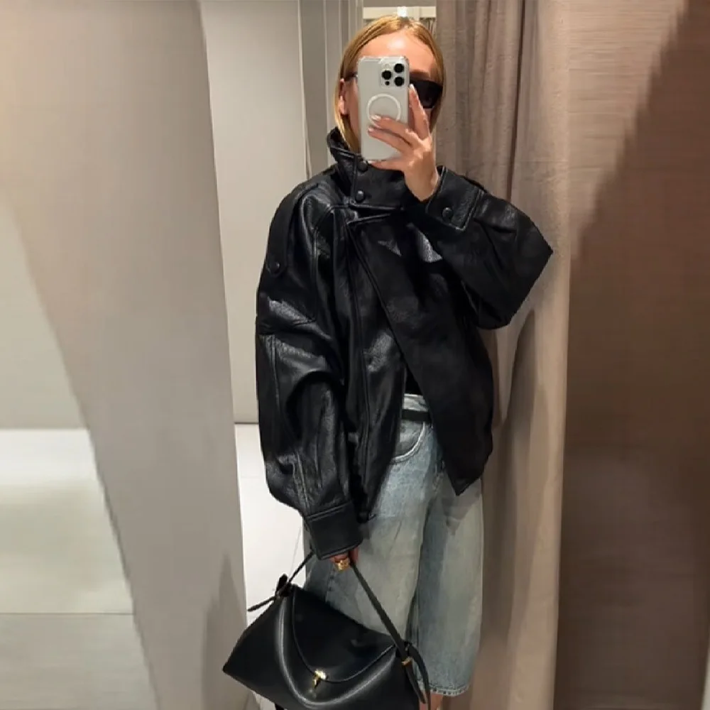 2025 New Double Layer Collar Motorcycle Style Leather Jacket Women Loose Short Black Versatile Trendy Outerwear Top