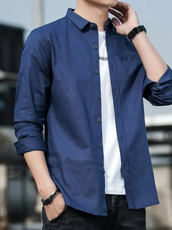 

Мужские весенние рубашки с длинным рукавом, модные, профессиональные, свободного кроя, из утолщенной искусственной кожи, для осени, для мужчин среднего и старшего возраста.