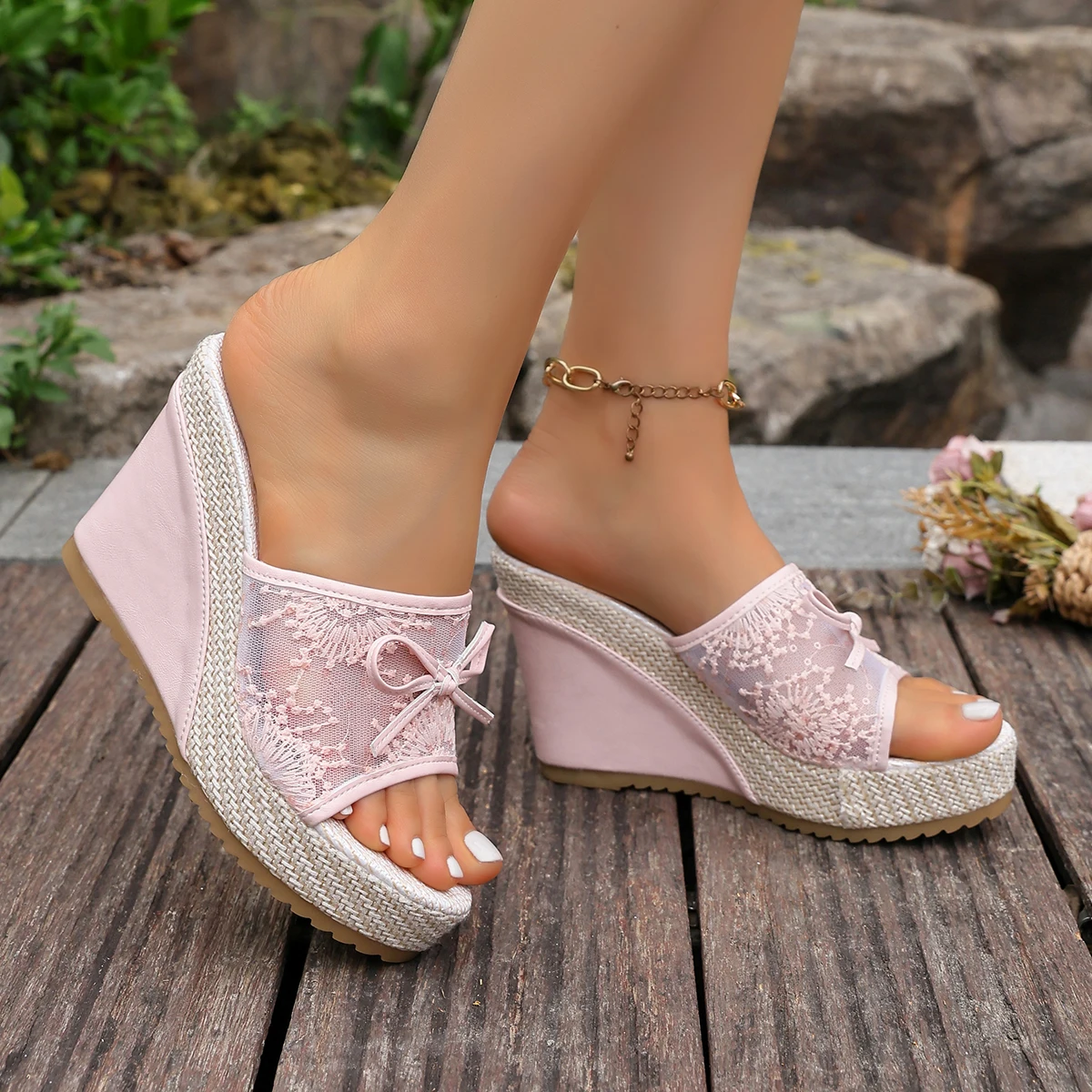 Women's 2026 New Mesh Embroidery Design Large Size Open Toe Slippers Summer Casual Fashion Versatile Breathable Slippers