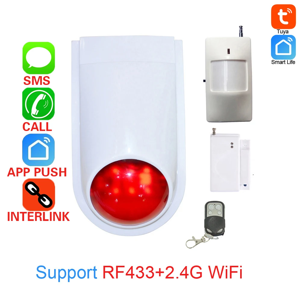 

1Pcs Outdoor 130Db Wireless Smart Gateway RF433Mhz Alarm System WiFi Strobe Siren Compatible PIR Detector And Door Sensor