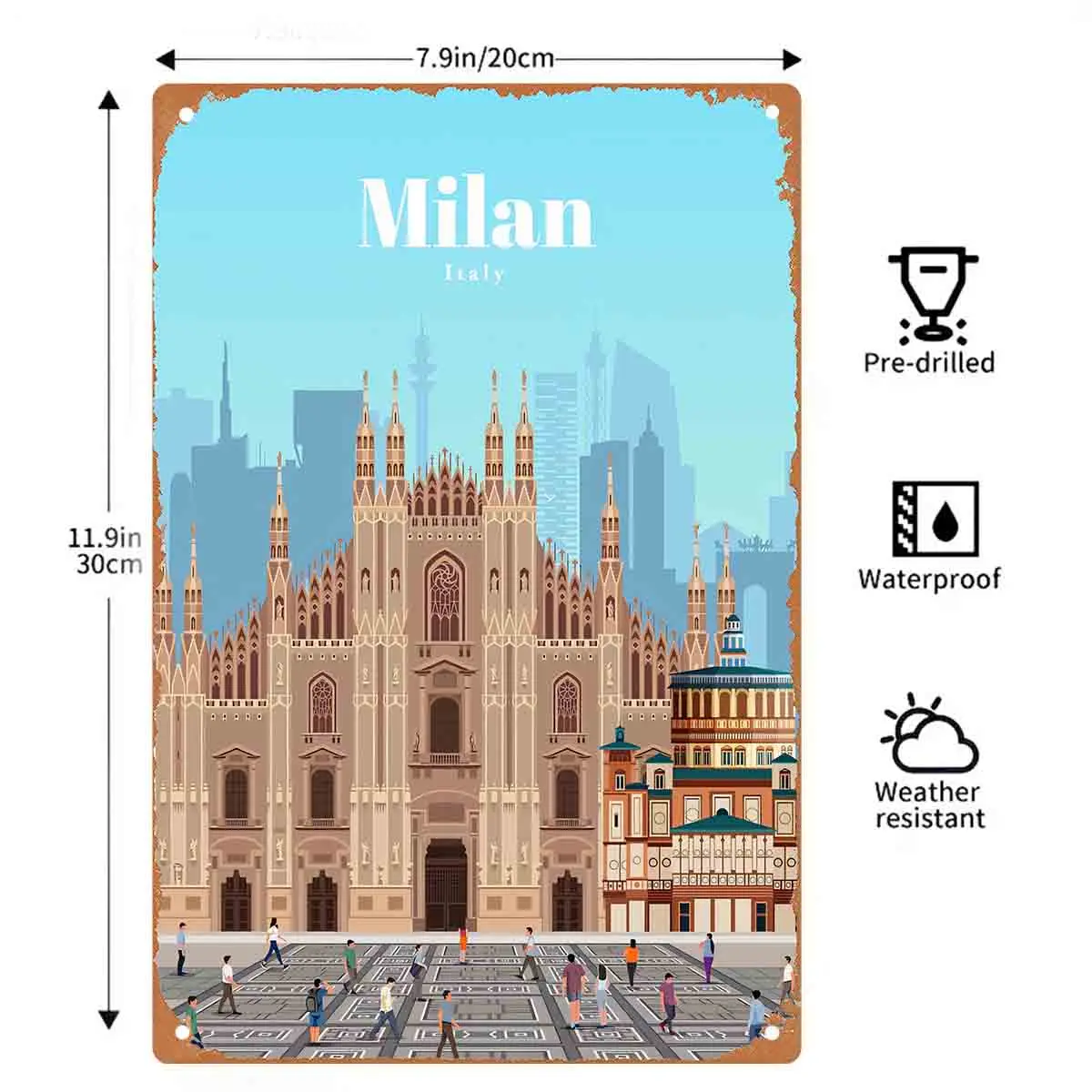2D FLAT 1pc Milan Italy Cathedral Illustration Metal Wall Sign Decoration for Home Cafe Garage Bedroom Porch And Garden