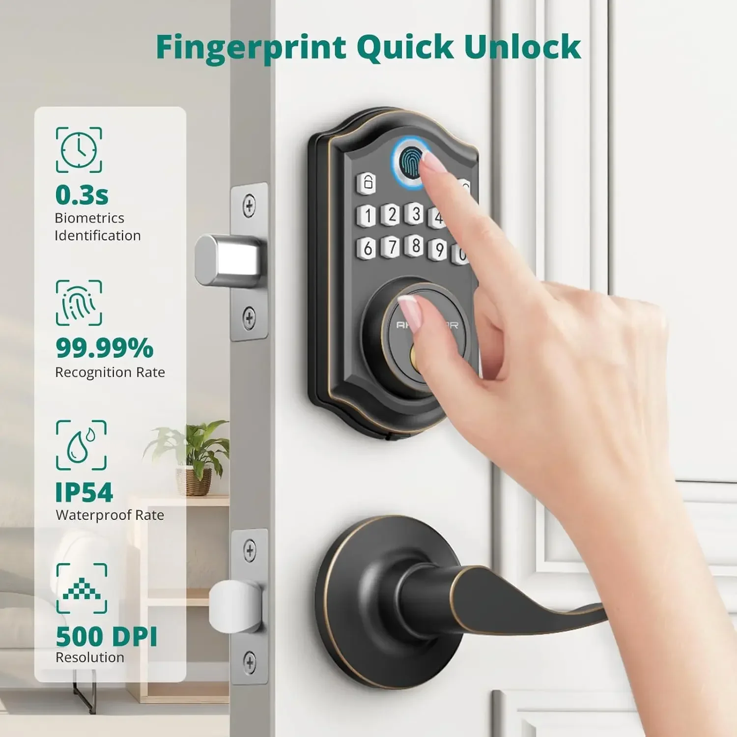 DS10 Pro Keyless Entry Door Lock with Handle - 2 Lever Handles, Bluetooth APP Control, Fingerprint Door Locks, Electronic Keypad