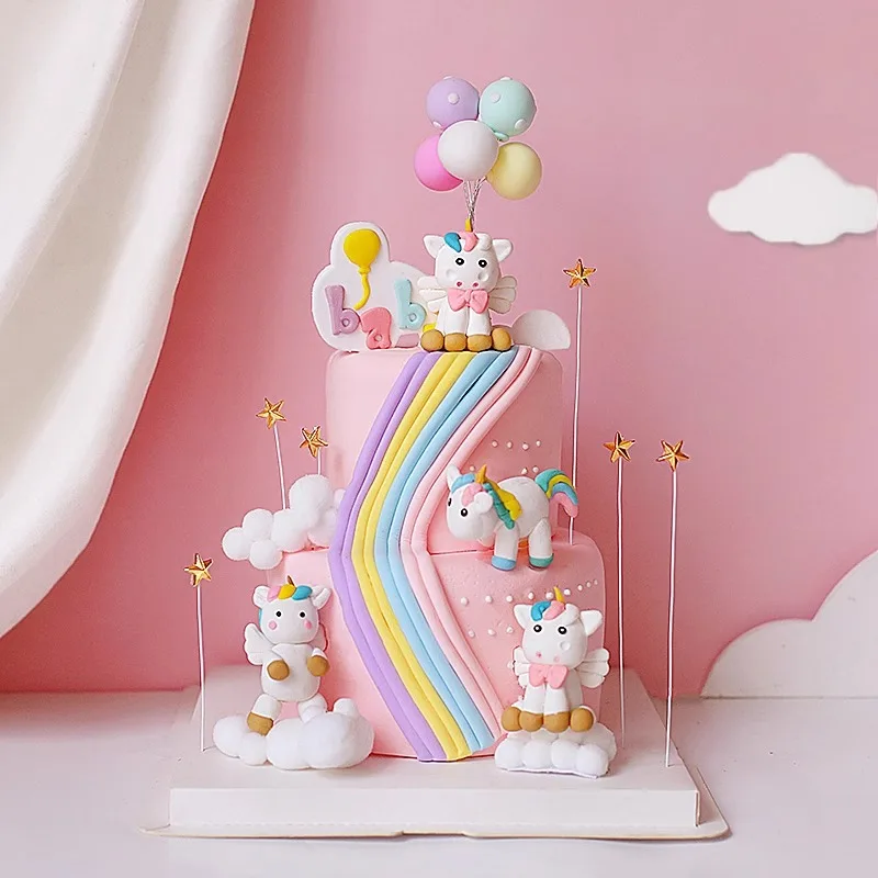 Unicorn Cake Topper Girl\'s Birthday Party Decorations Colorful Rainbow Kids One Year Party Supplies Baby Shower Decor Gir 16th