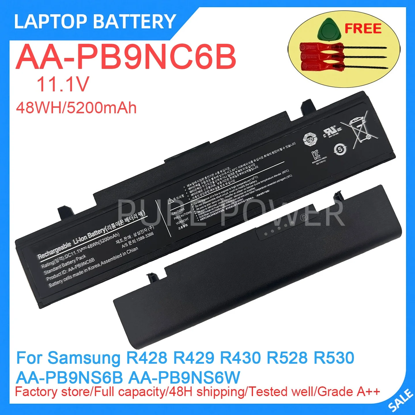 New Laptop Battery AA-PB9NC6B 11.1V 48WH 5200mAh High Quality For Samsung R428 R429 R430 R528 R530 AA-PB9NS6B AA-PB9NS6W