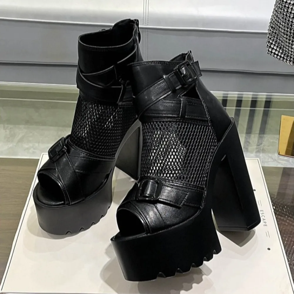 Women's Sandals Summer Hollow Women's Shoes High Heels Thick Heel Sandals Waterproof Platform Nightclub Stage Performance Shoes