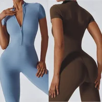 Naked zipper short sleeved yoga suit jumpsuit, quick drying breathable outdoor sports tight fitting jumpsuit, fitness suit - Image 2