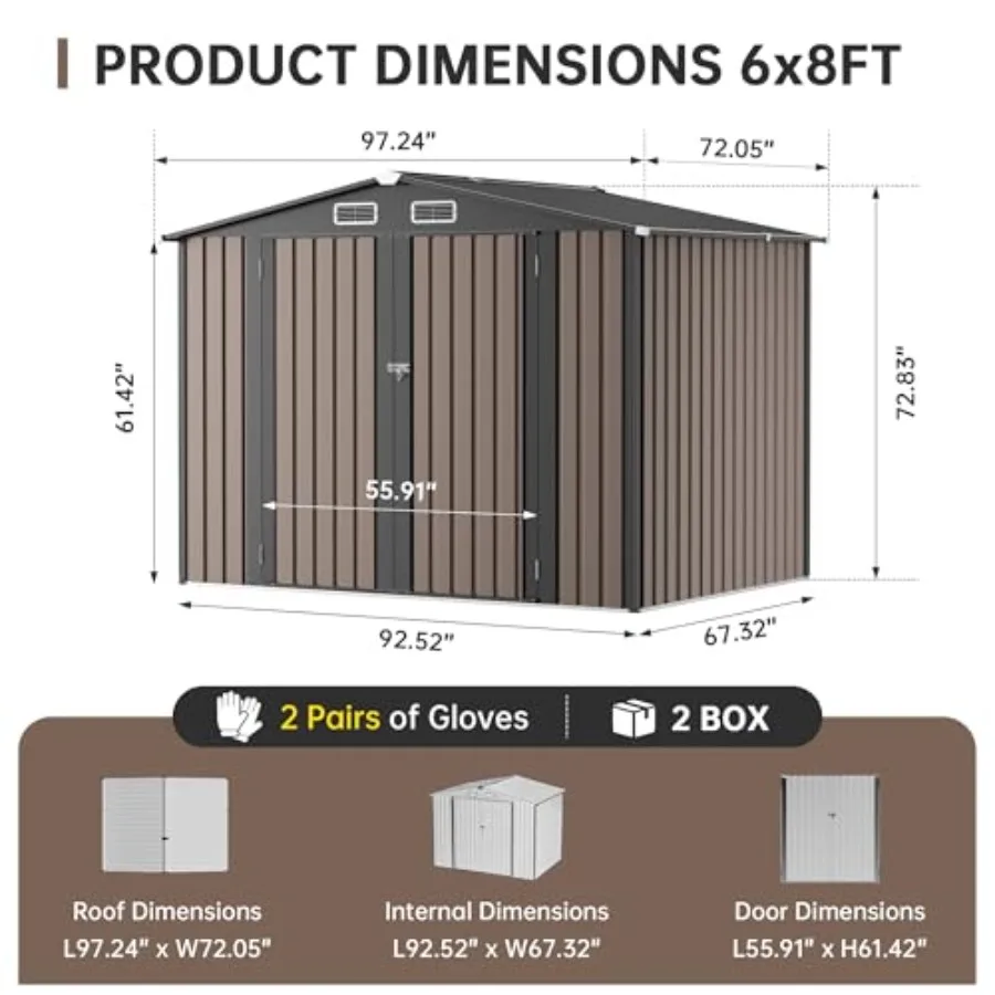 Outdoor metal storage shed for backyard patio lawn use, galvanized steel construction, gray color, sloping roof design for rain