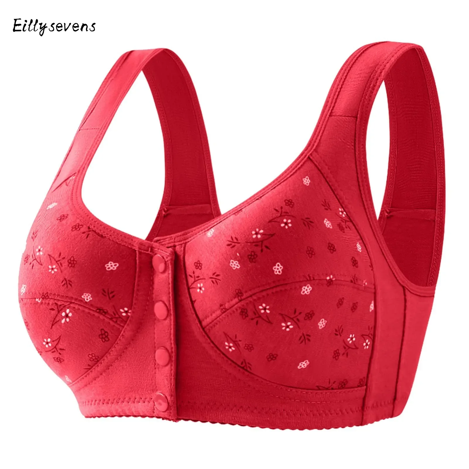 Women Large Size Bras Thread Cloth Cotton Front Button Without Steel Ring Bra Wide Shoulder Straps Comfortable Soft Printed Bra