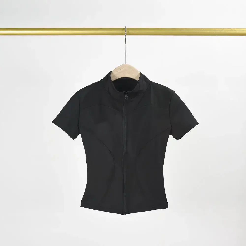 女性用ポリエステルスポーツウェア,半袖,速乾性,フルジップ,フィットネス,ランニング,ヨガ,スリムフィット