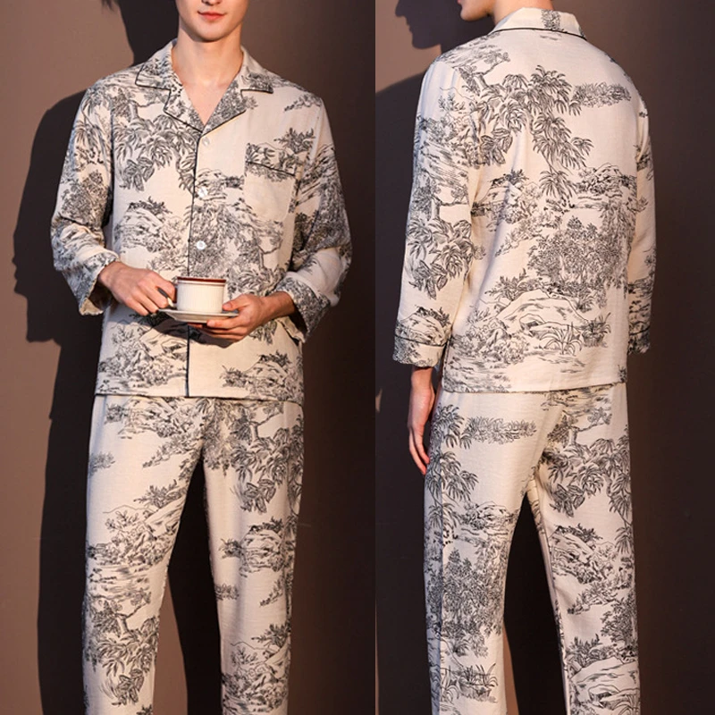 Plus Size 3XL Mens Pajamas Set Loungewear Silky Ink Bamboo Print Long Sleeve Trouser Pijamas Suit Spring Male Homewear Pyjama