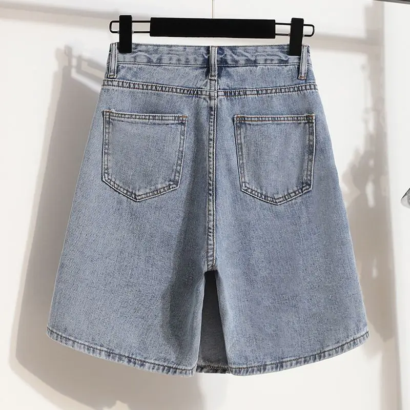 Shorts jeans de cintura alta para meninas, shorts finos de verão, uma linha, duas peças falsas, calças azuis, roupas picantes, tamanho grande, frete grátis