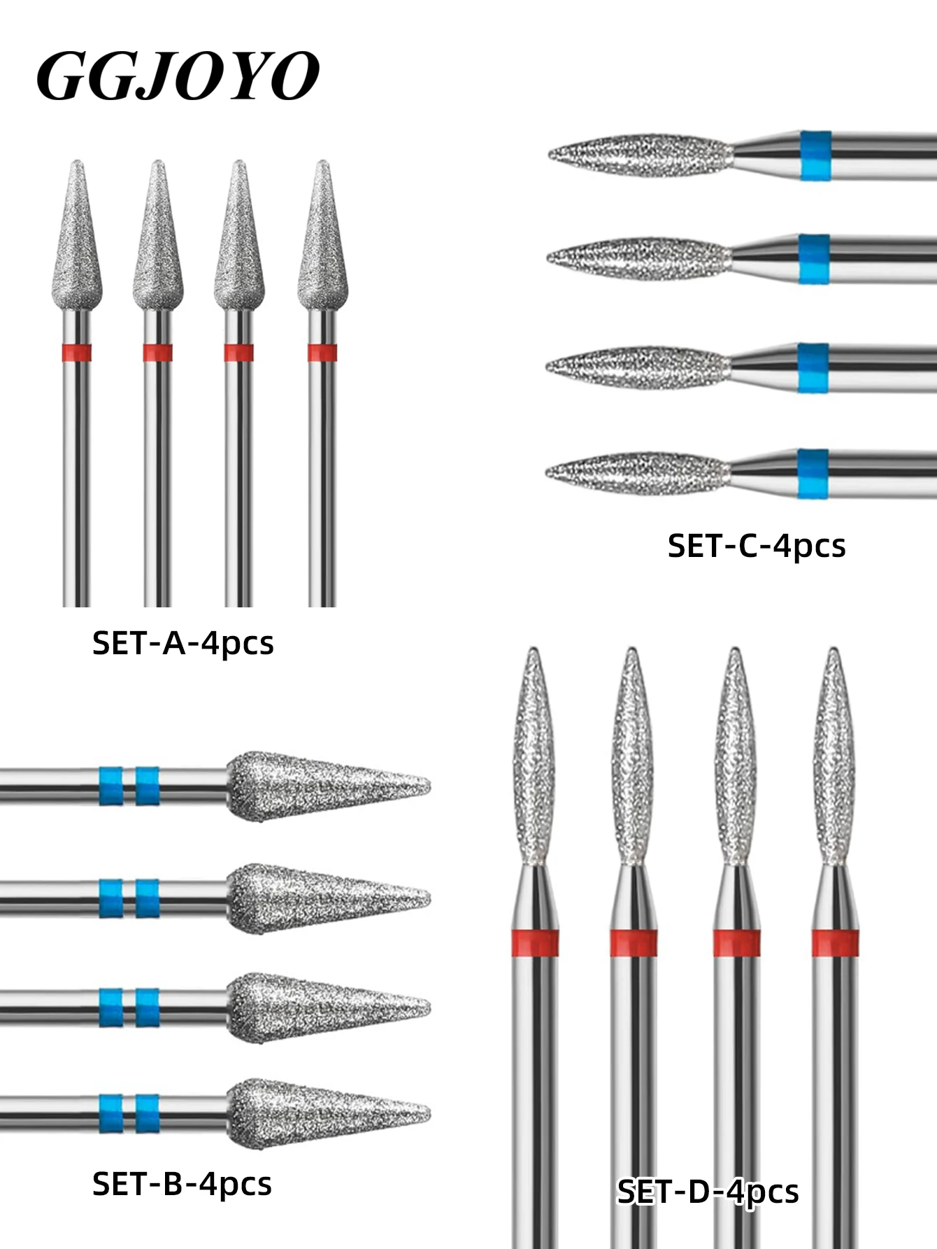 4pcs Flame Shape Diamond Cuticle Nail Drill Bit Set, Pro Manicure Drill Bits for Nail Prep, 3/32 Shank efile Bit(Fine+Medium)