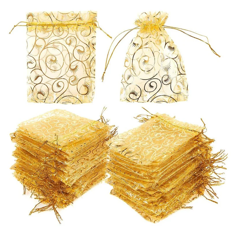 TEXU 100Pcs 10X15cm Eyelash Printed Gold Organza Bags Jewelry Pouch Bags Organza Drawstring Pouches For Wedding Favors Candy