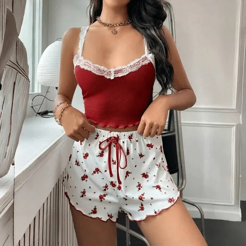 나이트웨어 여성 섹시한 레이스 서스펜더 반바지 세트 편안한 스트레치 민소매 대형 잠옷 멋진 잠옷 2 개/대 인쇄